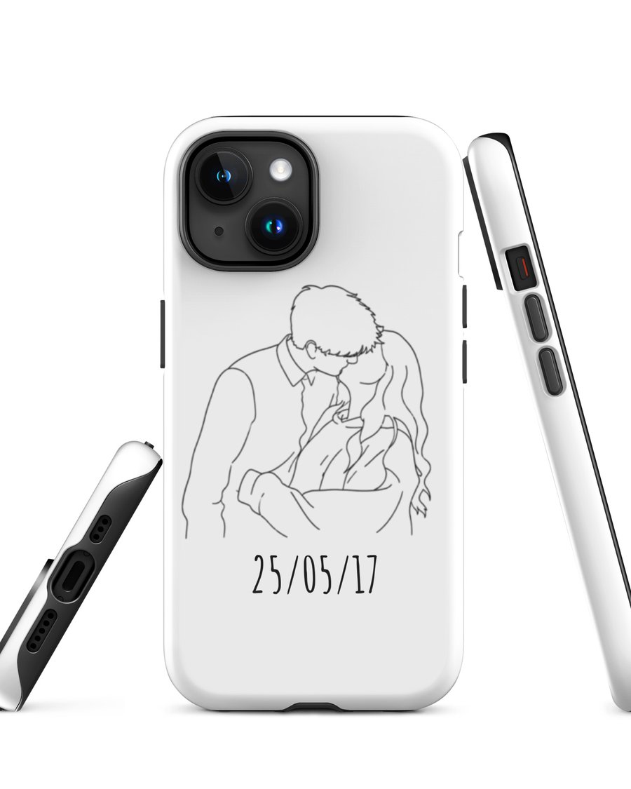 Coque iPhone blanche avec illustration ligne et date