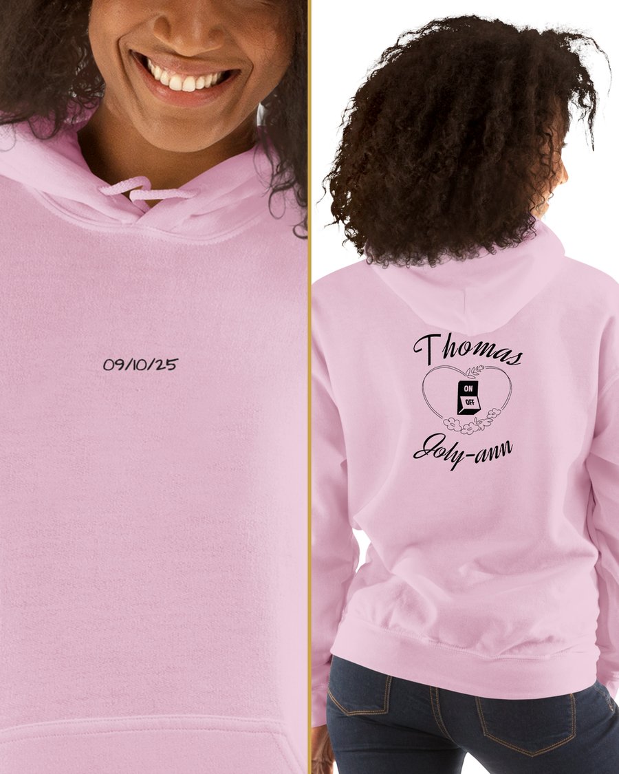 Hoodie rose pale, broderie avant et impression dos